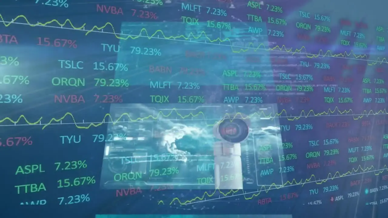 Animation of digital screens and data processing on blue background