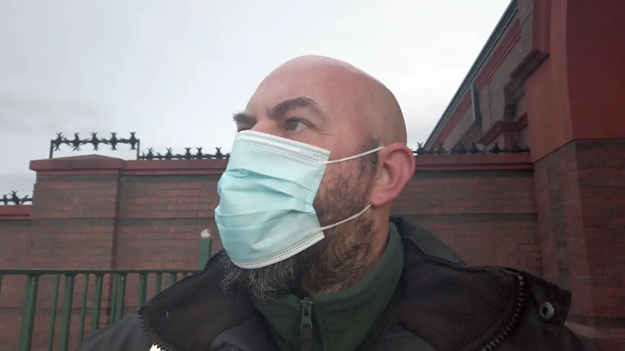 Male guard wearing protective corona virus medical PPE mask closeup