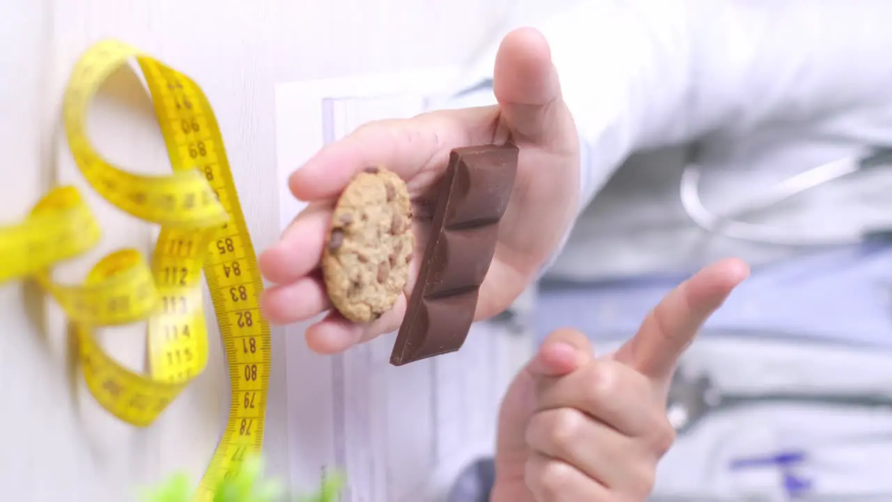 Vertical video of nutritionist showing in his hand chocolate bar and cookie healthy diet concept