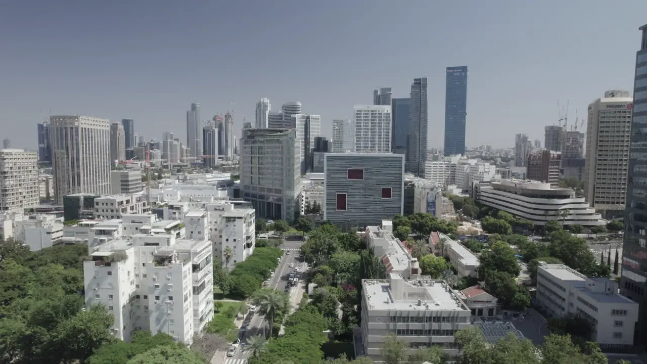 The famous Sourasky Medical Center in Tel Aviv and King David Boulevard Tel Aviv the trees create shade from the intense heat for pedestrians push in shot