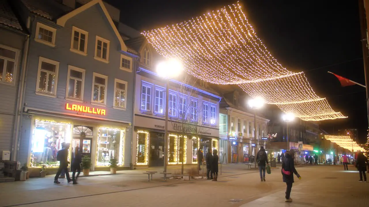 Christmas String Lights Decorated On The Street Of Tromso City Center In Northern Norway