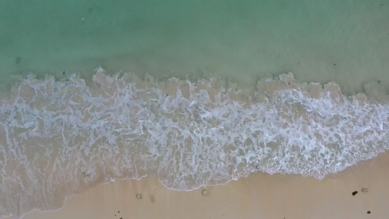 4K Aerial view top view drone move beautiful topical beach with white sand and water surface texture foamy waves perfectly clear ocean water with corals