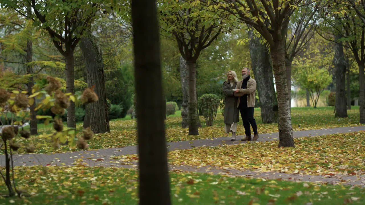 Close up view of autumn nature with walking happy elderly couple in background