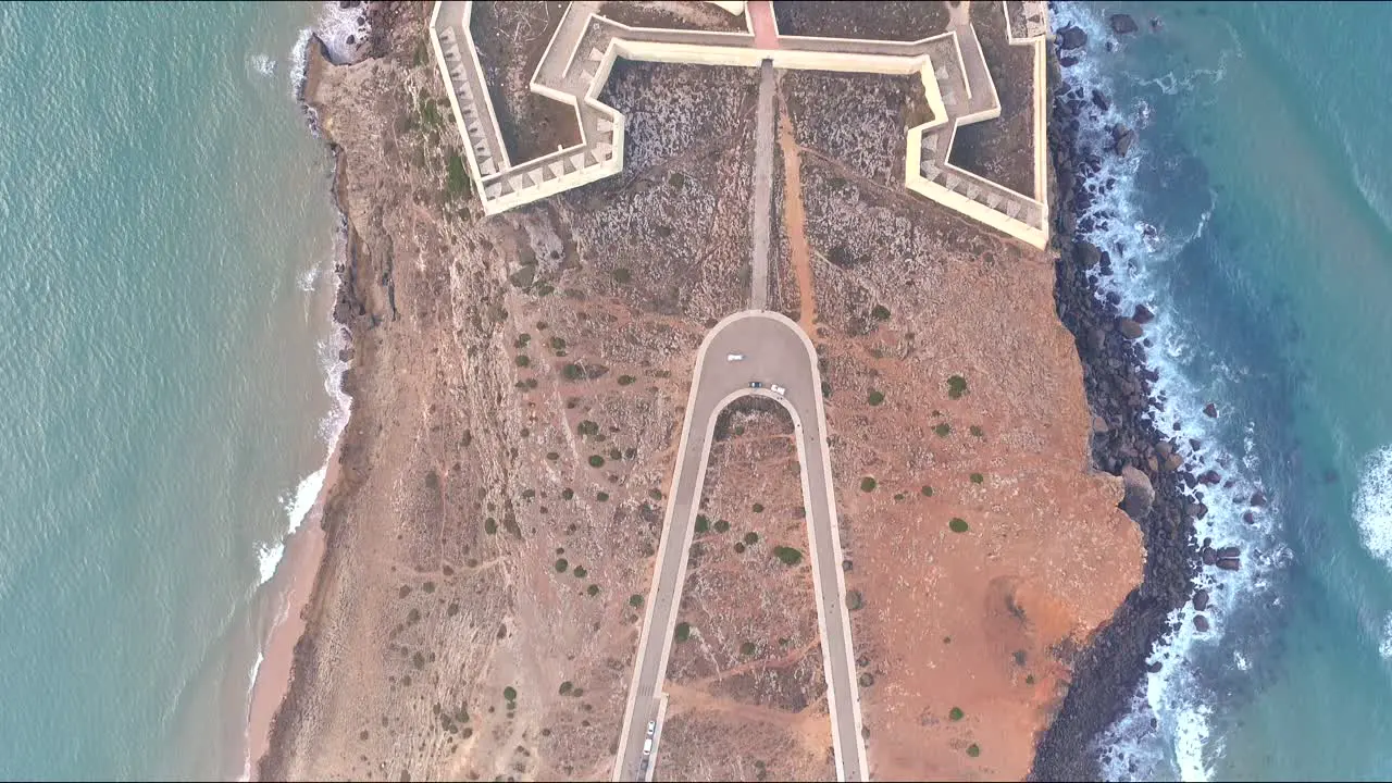 Birds eye view historical fort of Sagres at edge cliffs to the ocean Aerial Drone shot