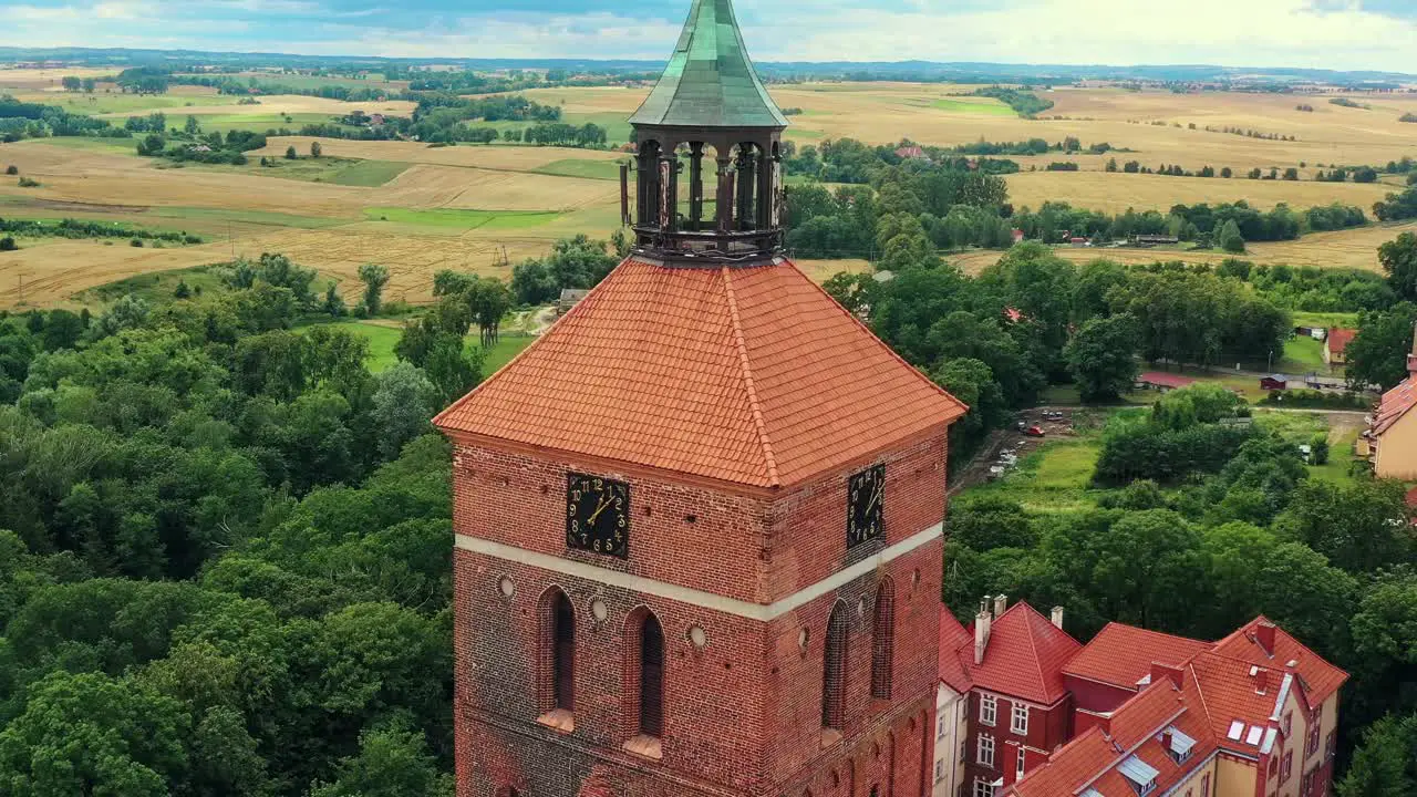 Aerial view of red-brick clock-tower