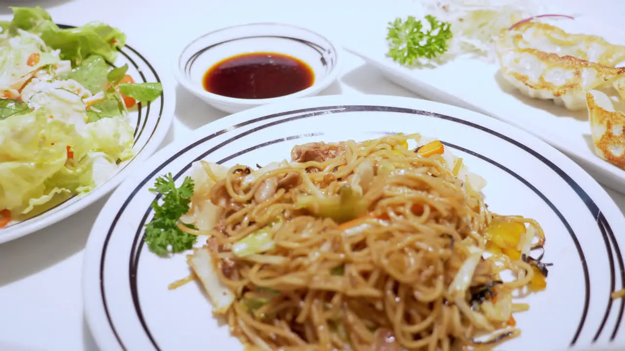 Panning from the left to the right on a meal served in a restaurant a plate of salad stir-fried noodles and fried dumplings