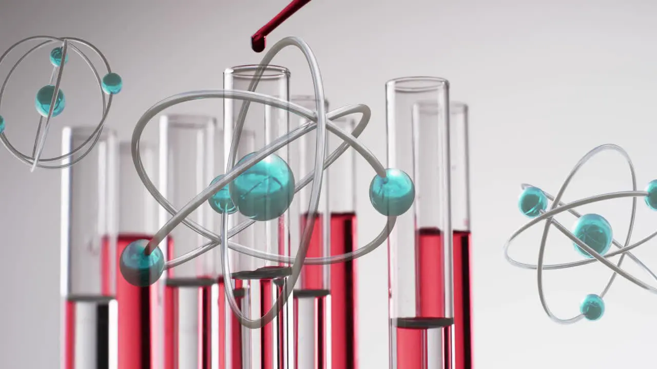 Animation of molecules over test tube laboratory dishes on grey background