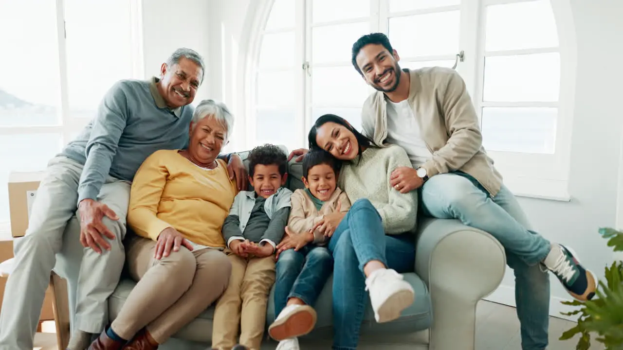 Happy couch and family home with kids