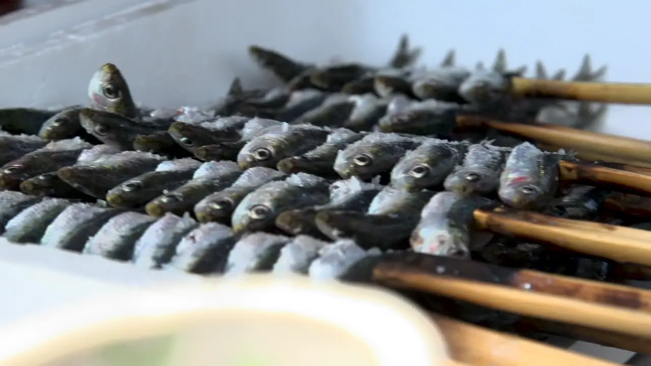 Preparing Sardines Fish Skewer with Salt