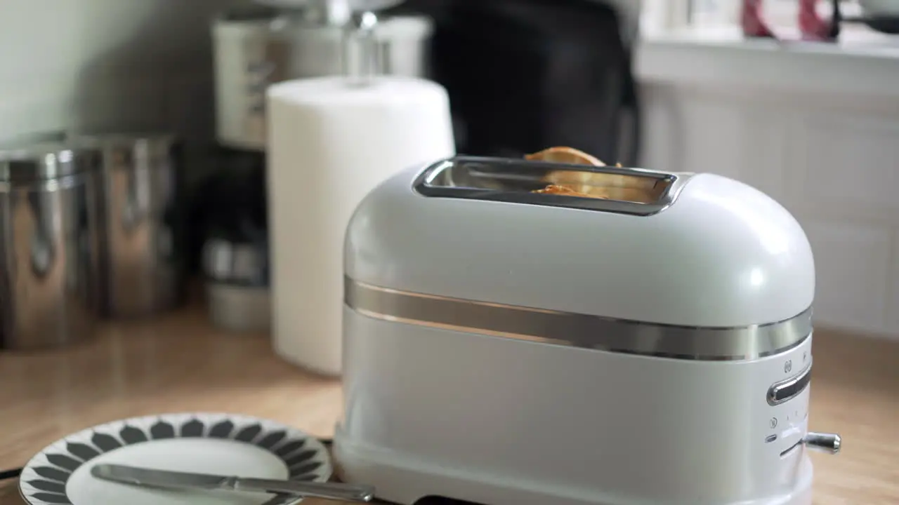 Toasted bagel slowly rising from a quality white toaster kitchen background with natural light