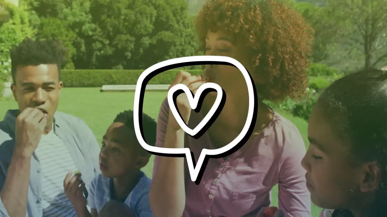 Animation of heart icon over african american family outside