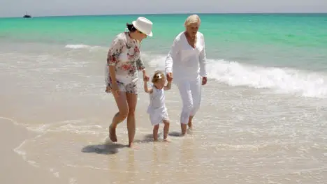 Grandma Mom and Little Girl Walking at the Beach