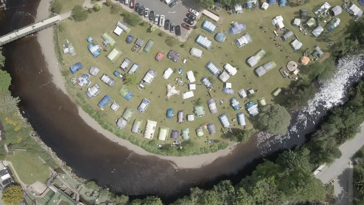 Aerial View Of Camping Tents Campervans And Caravans On The Riverbank Of River Avonmore In Rathdrum Wicklow Ireland