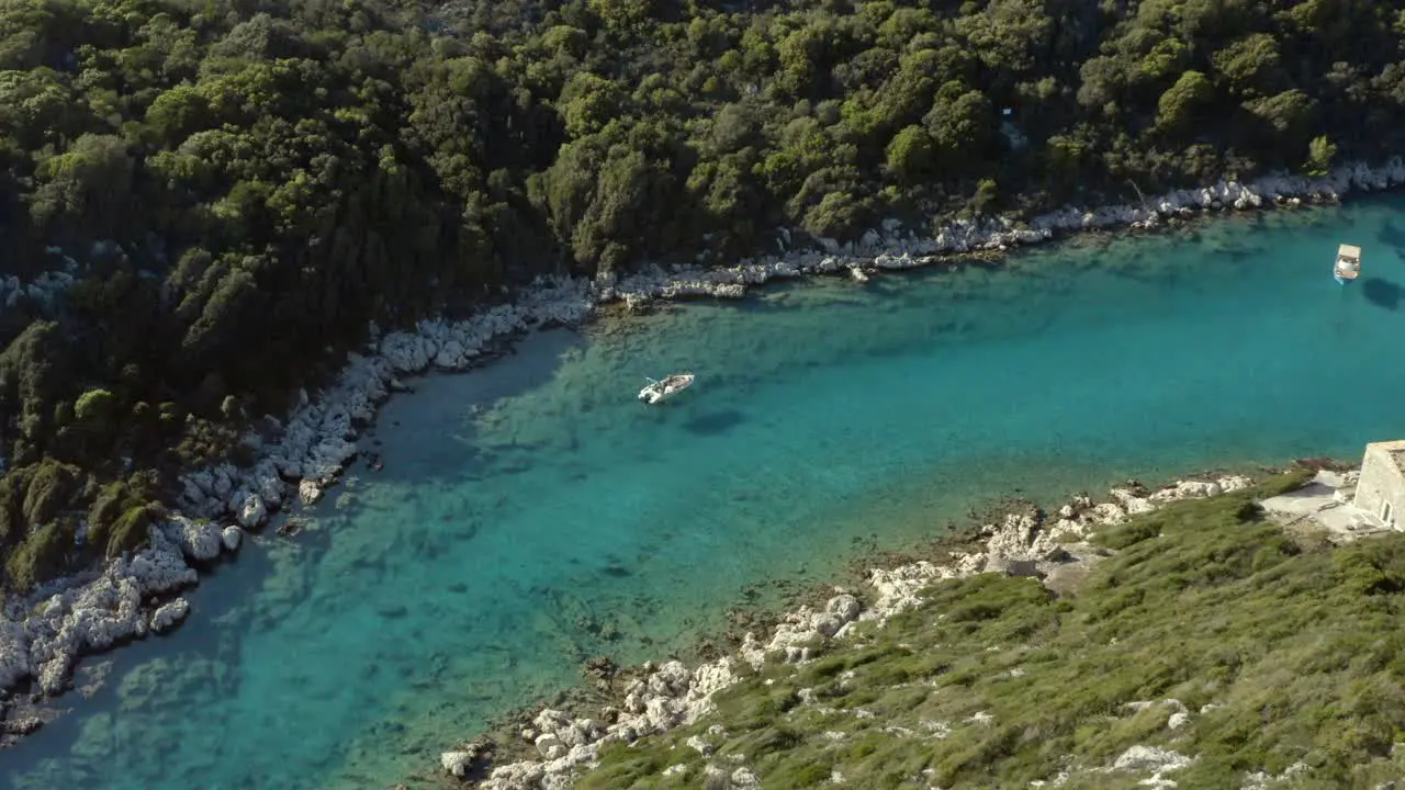 Boats in Mediterranean Lagoon River on Greece Island of Corfu Aerial