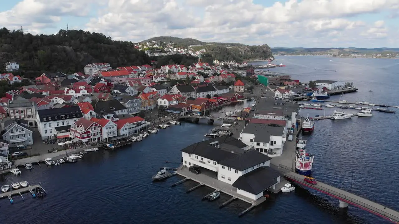 Drone view of charming Kragero town harbour and city centre Norway