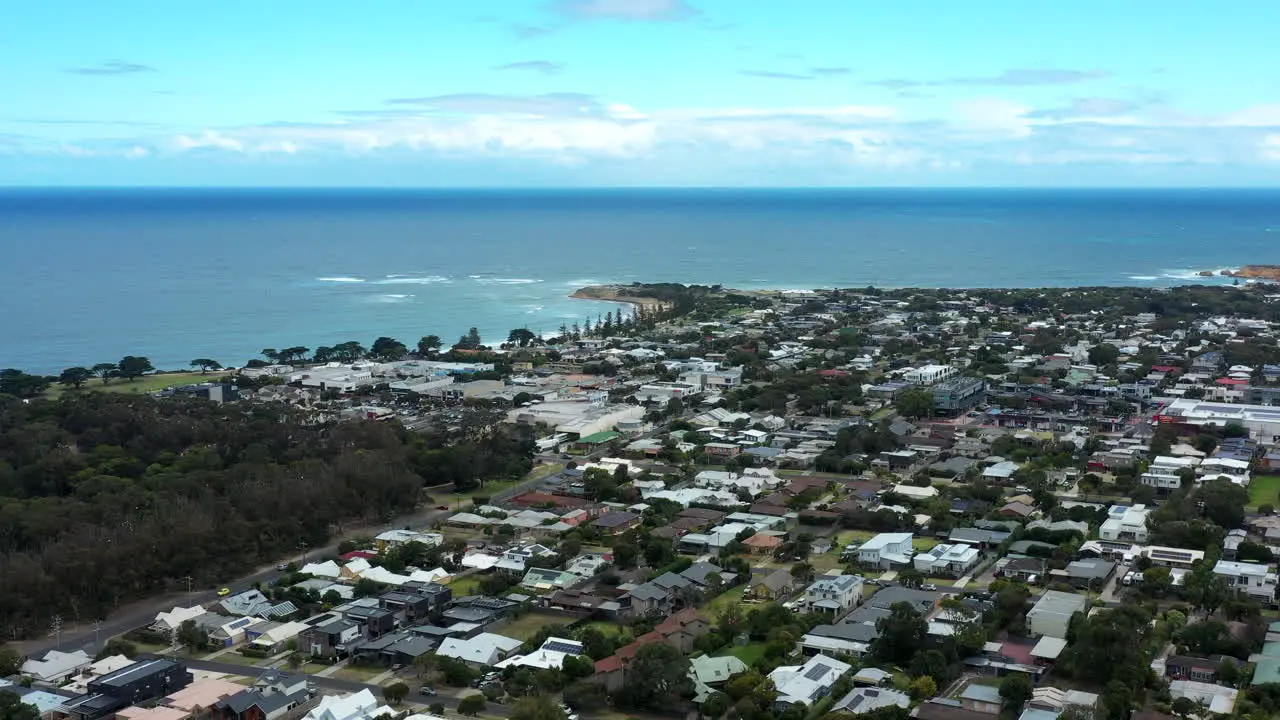 AERIAL PUSH IN Torquay Costal Township Great Ocean Road Australia