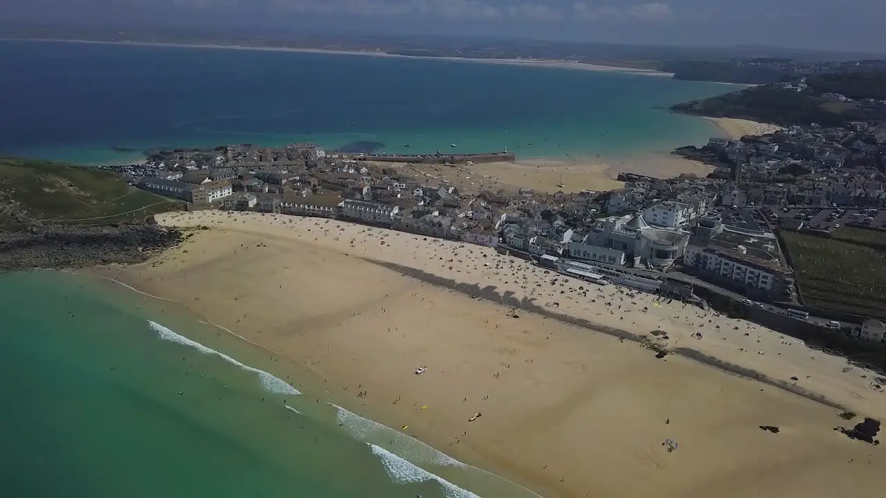 Popular St Ives beaches in Cornwall UK summer holiday aerial view