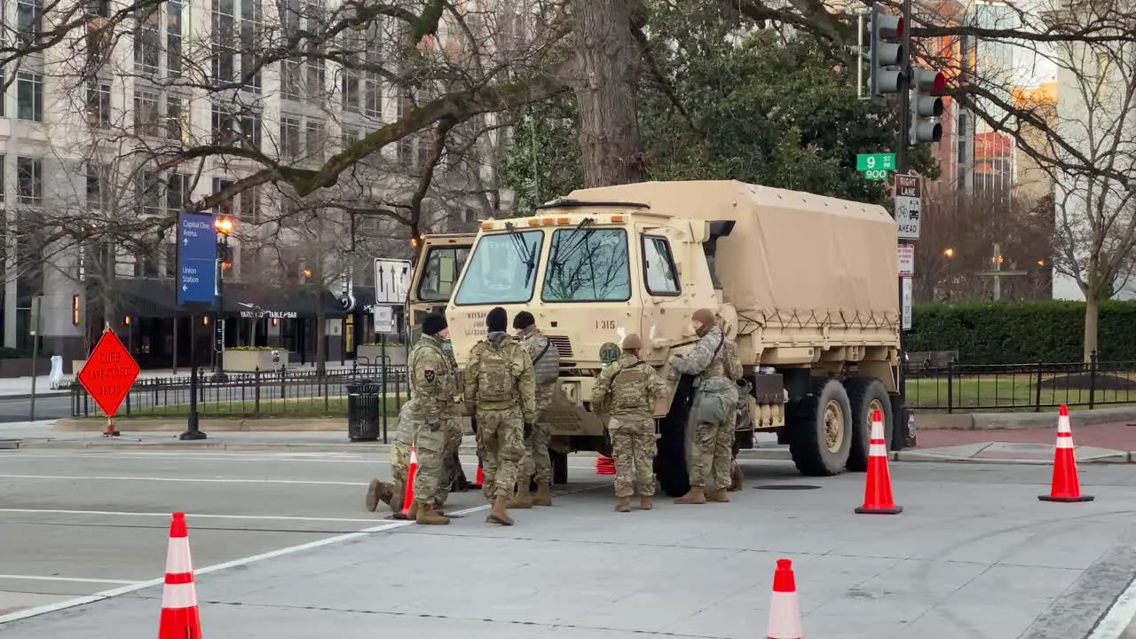 National Guard Troops Patrol The Capitol Washington Dc Following The Trump Insurrection And Riots Military Trucks Block The Streets