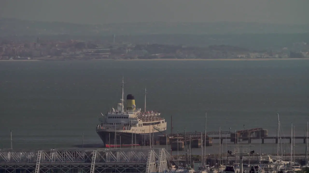 Lisbon riverfront with moored ship Portugal