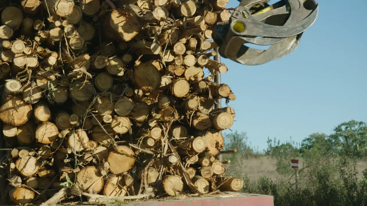 Crane arm pounds lumber into tightly packed stack on back of truck 60fps