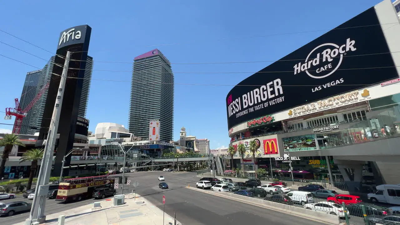 Signs and hotels on a corner of the Vegas Strip