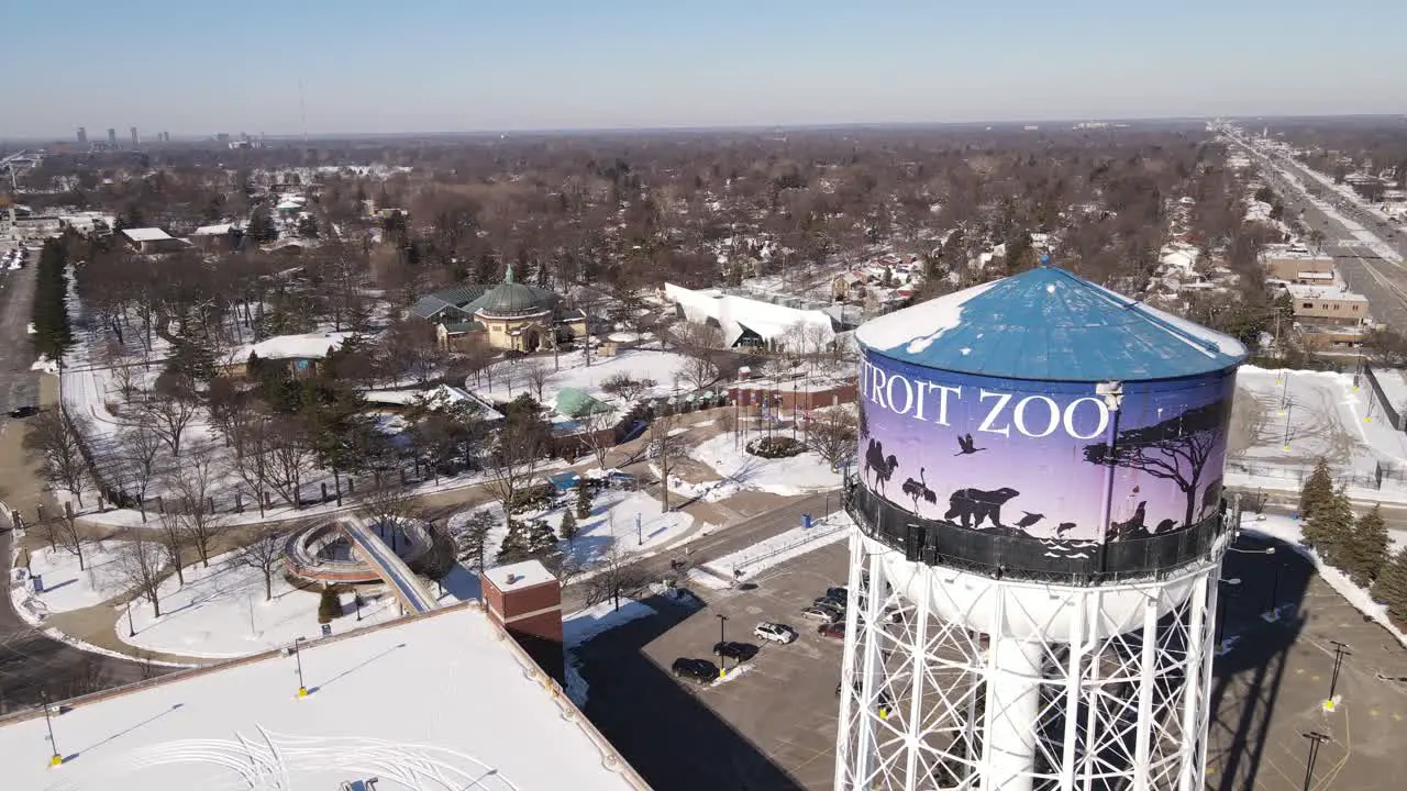 Detroit Zoo logo sign on water tower aerial orbit view