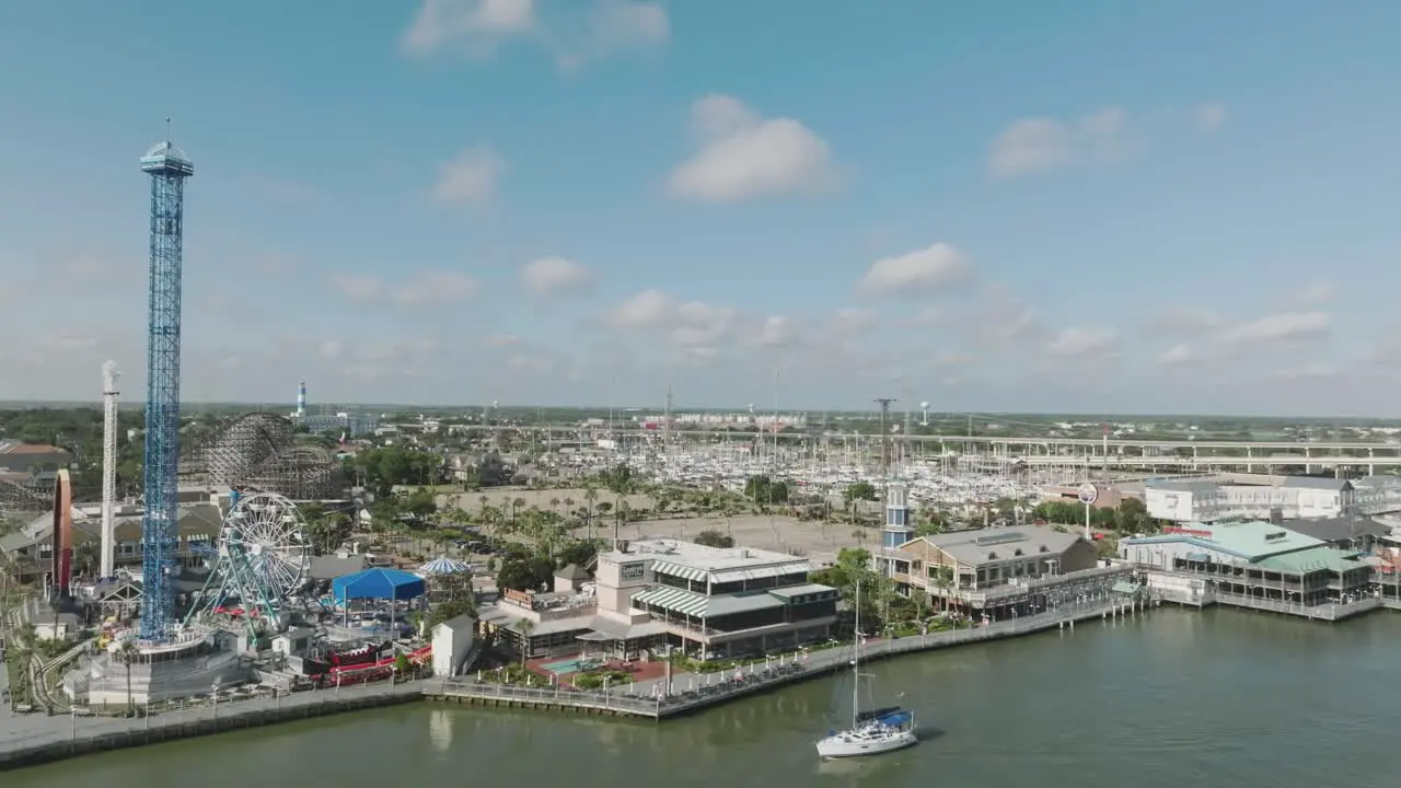 Aerial drone view of Kemah Boardwalk restaurants and amusement park in Kemah Texas