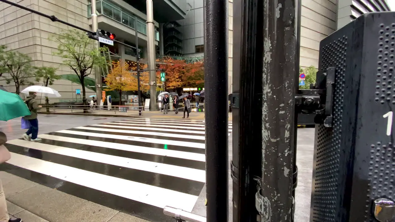 Slow motion shot of Japanese people crossing road using zebra crossing in Tokyo Japan during rainy day trucking movement