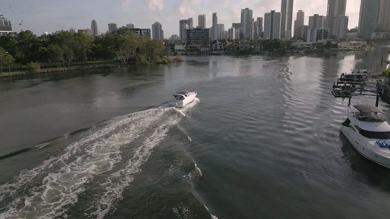 5 February 2023 Aerial views over a boat on Nerang River in Surfers Paradise Gold Coast Queensland Australia