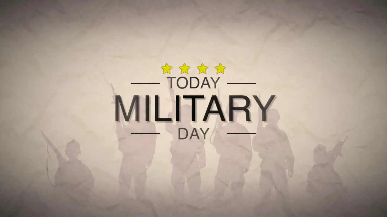 Animation text Military Day on warfare background with silhouette of soldiers