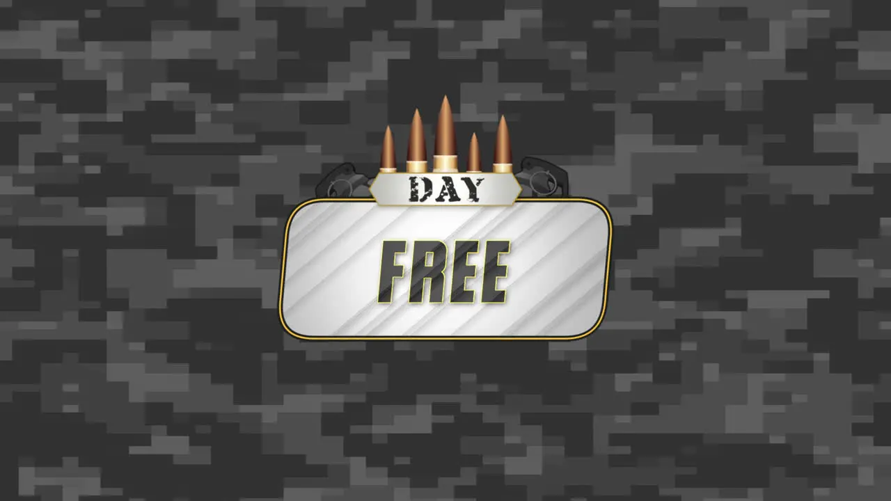 Animation text Free Day on military grey background with patrons