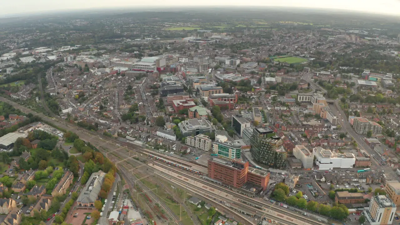 Aerial slider shot of Watford junction station and town