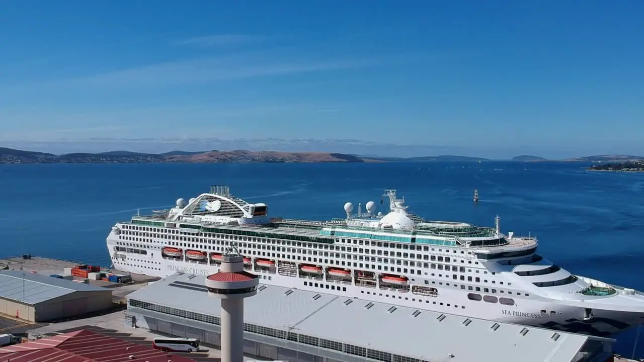 Hobart Tasmania Australia 17 March 2019 Aerial View of the Sea Princess Cruise Ship Docked at Hobart Tasmania