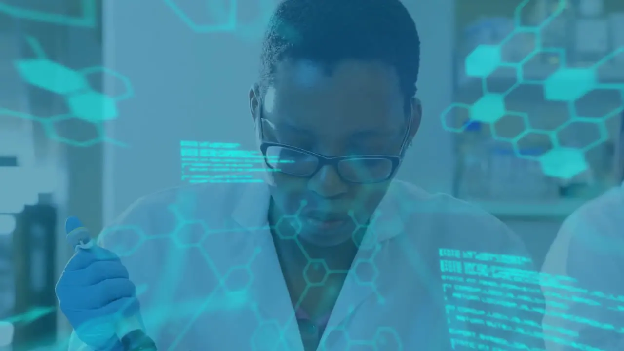 Animation of scientific data processing over african american female scientist in office