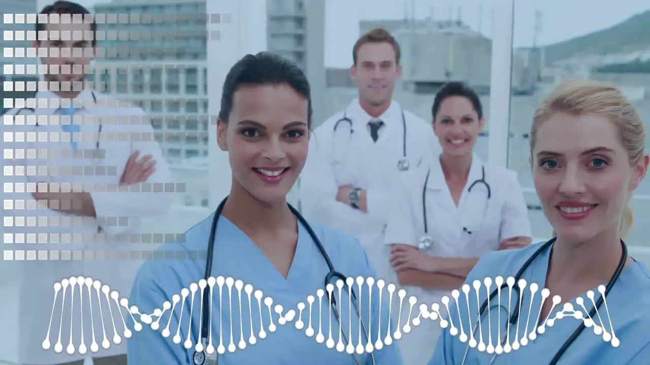 Animation of dna strand spinning over diverse doctors