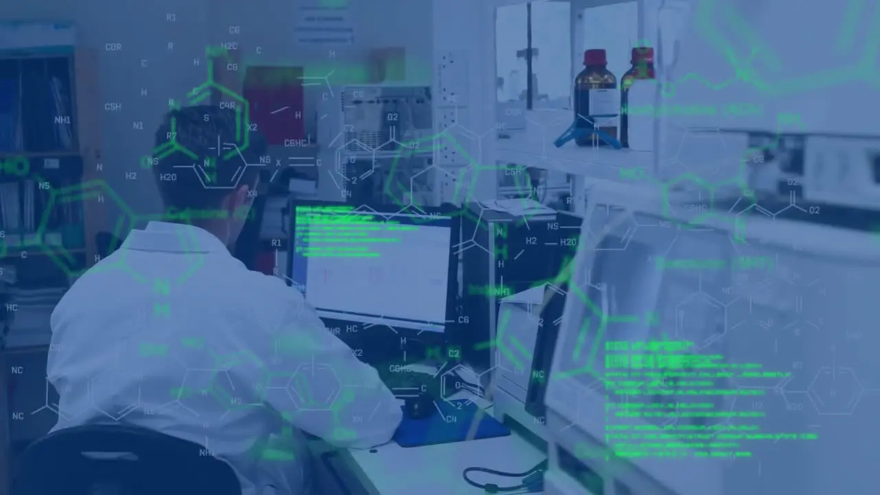 Animation of data processing over caucasian male scientist in laboratory