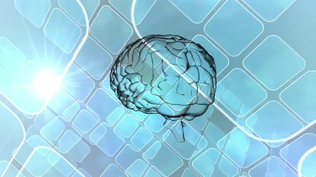 Animation of spinning brain over blue squares