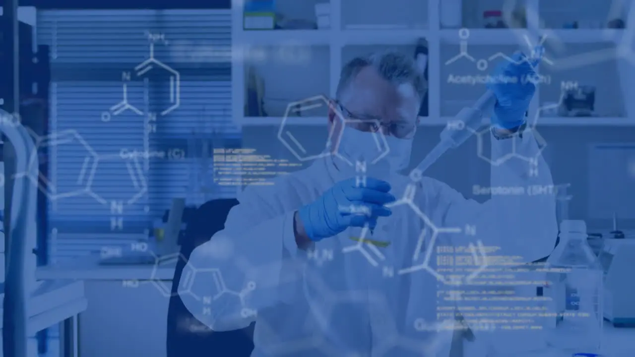 Animation of scientific data processing over caucasian male scientist in laboratory