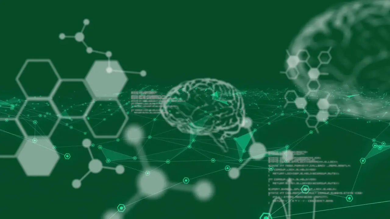 Animation of scientific data processing and human brains over connections on green background