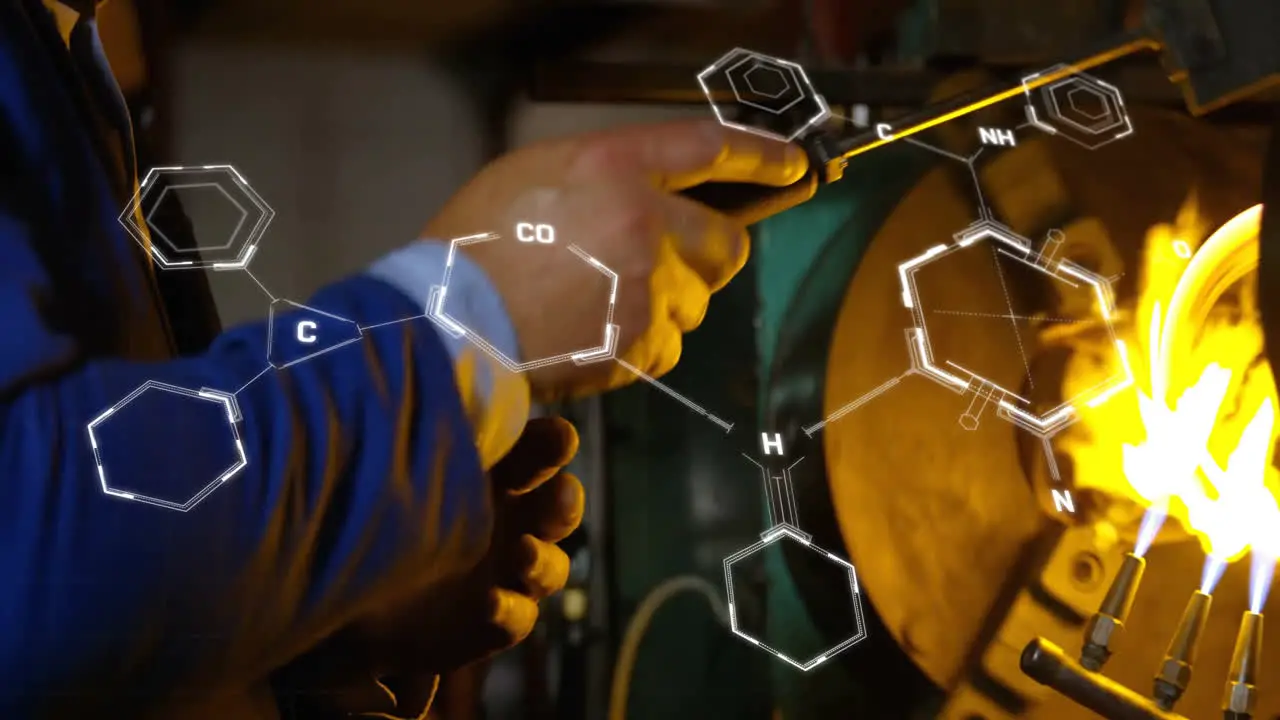 Animation of chemical formula over caucasian scientist heating sample in lab