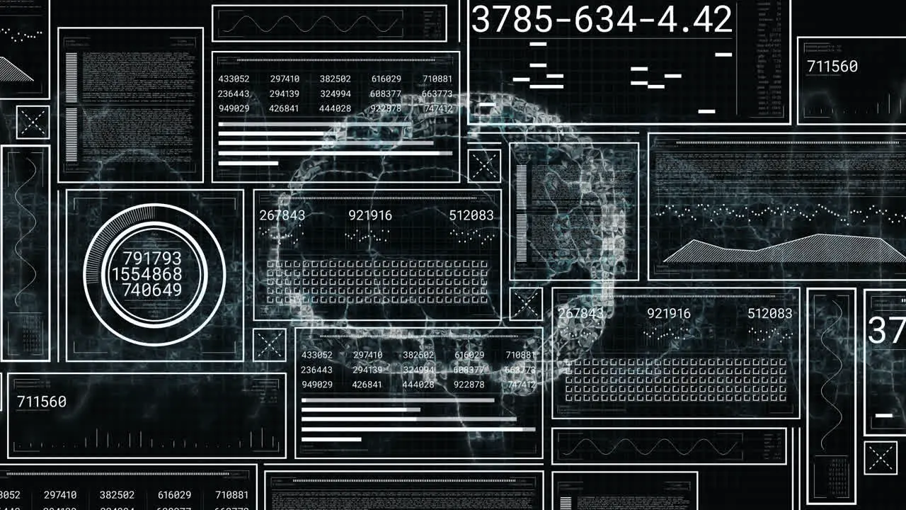 Animation of interface with data processing over spinning human brain icon and digital wave