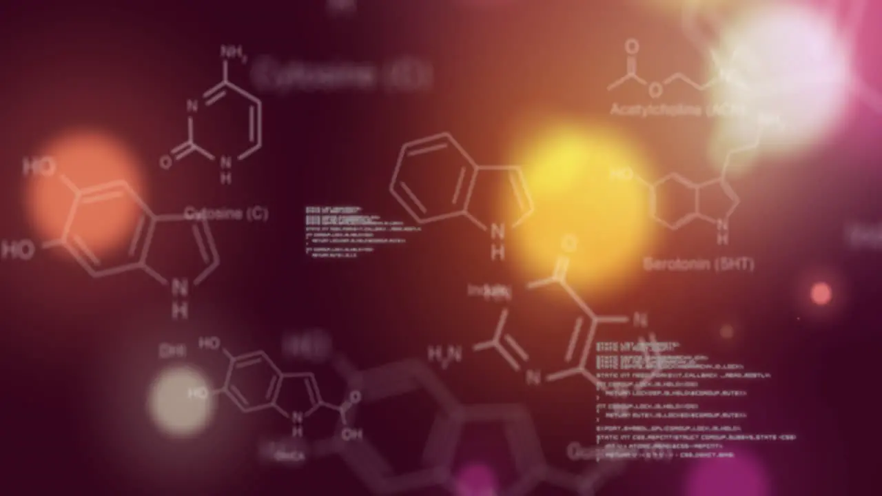 Animation of chemical structures and data processing against glowing spots of light