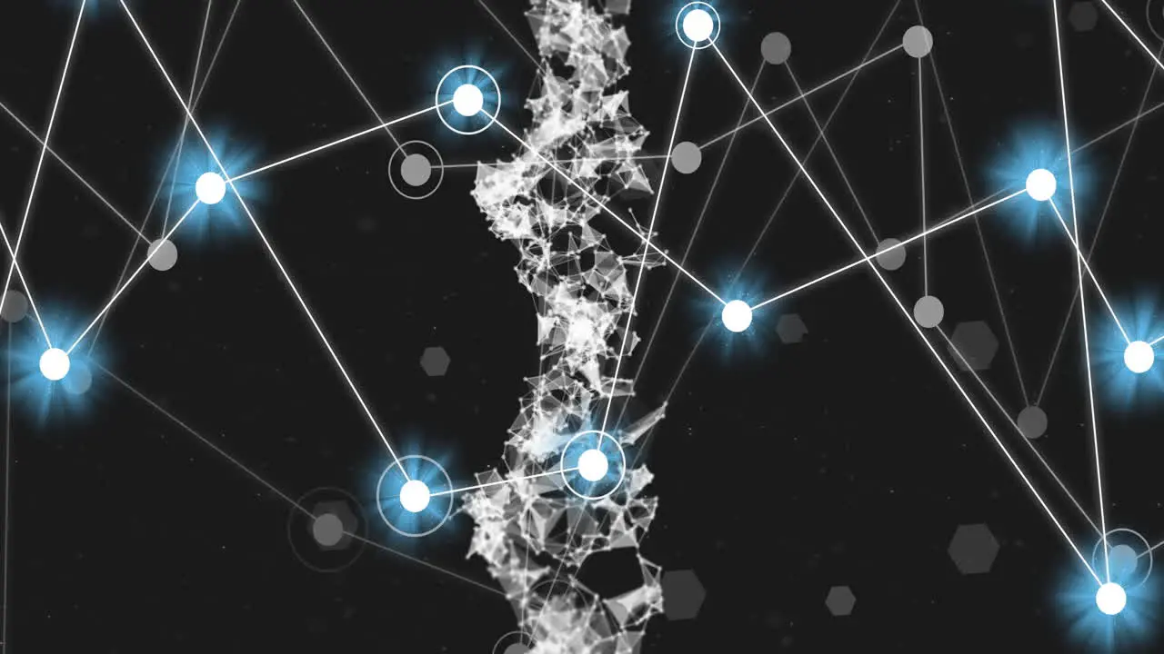 Animation of dna strand over network of connections with glowing spots