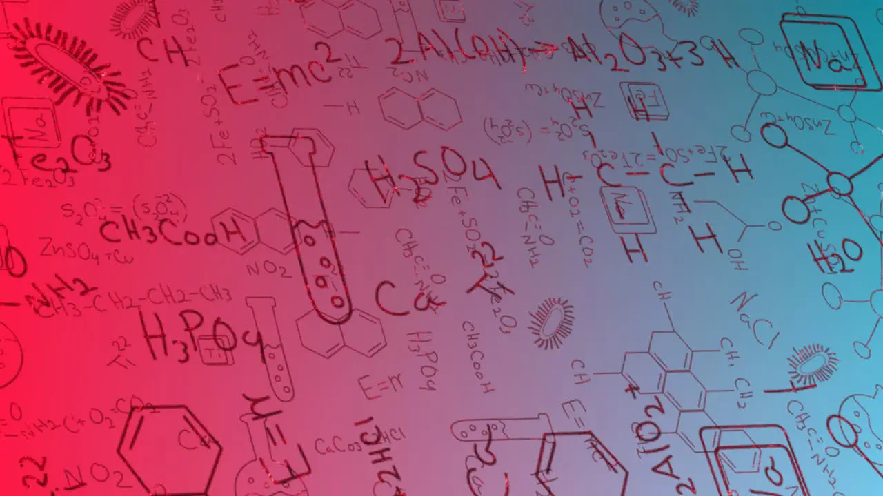 Animation of element diagrams and chemical equations on red and blue background