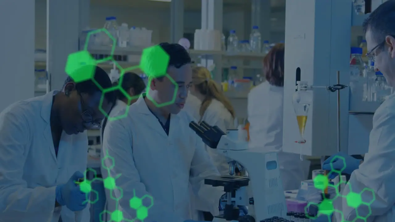 Animation of medical data processing against team of diverse scientists working at laboratory