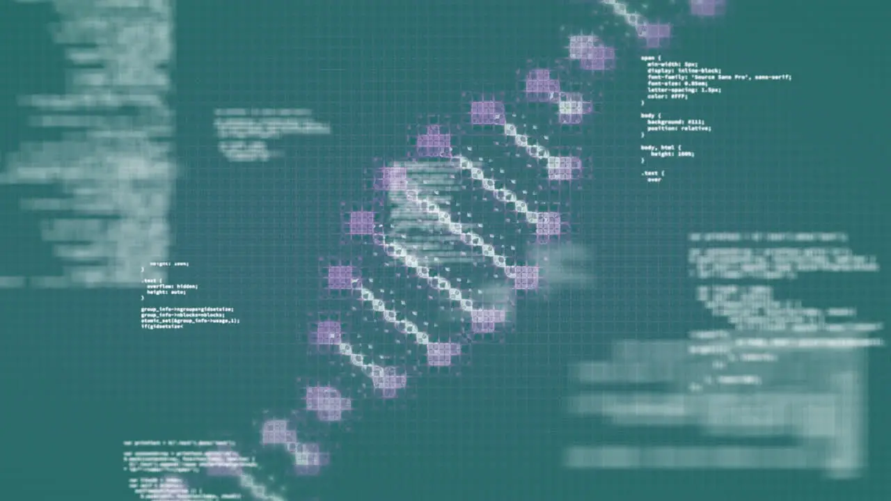 Animation of data processing and dna structure spinning over grid network against green background