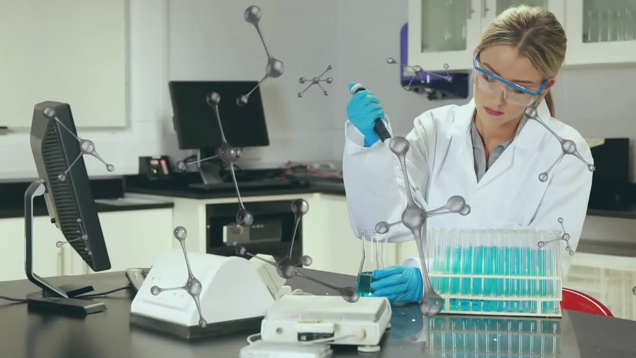 Animation of molecules over caucasian female scientist in laboratory