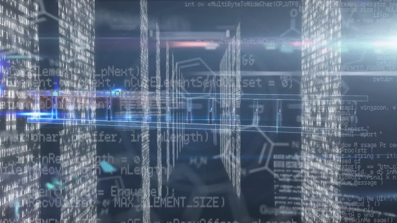 Animation of medical data processing over screens with mosaic squares against blue background