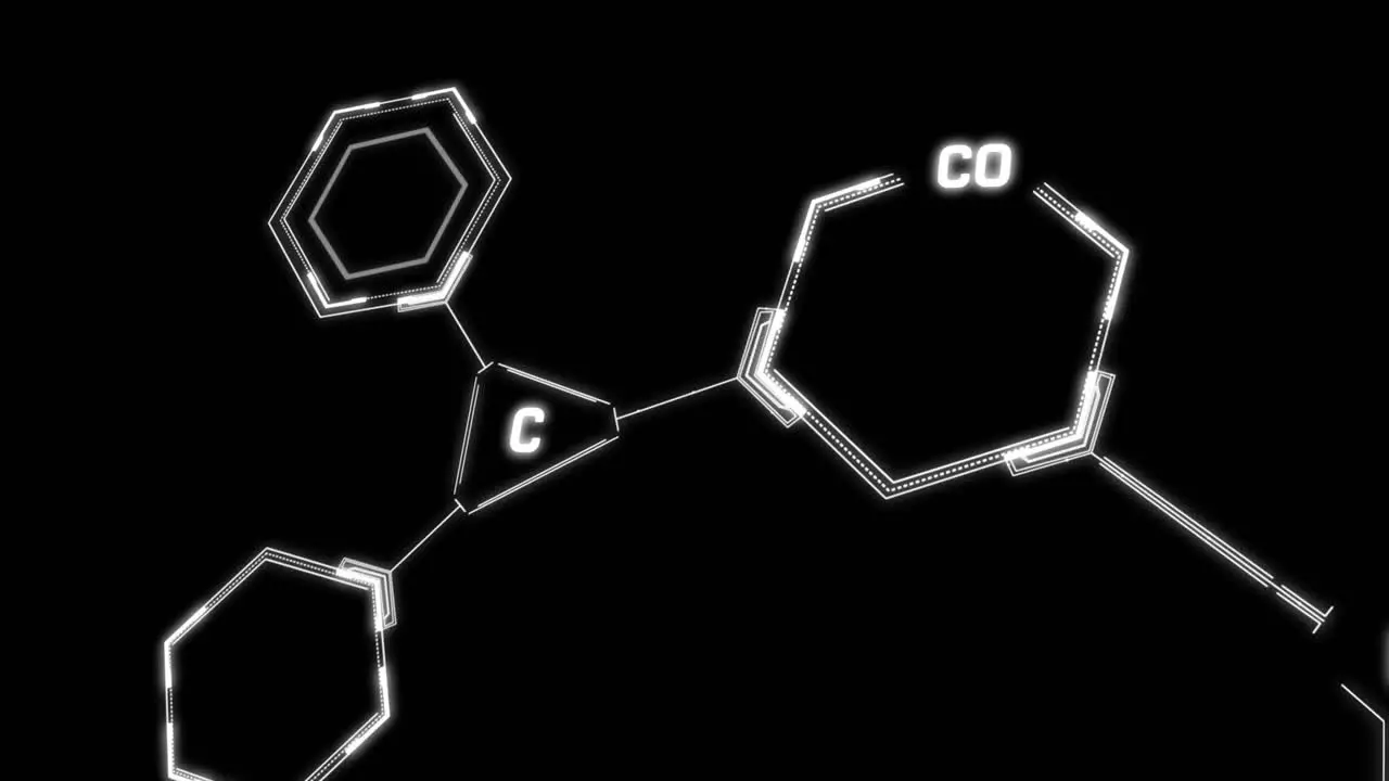 Animation of chemical structures and data processing against black background