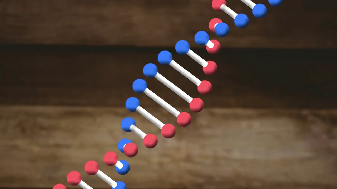 Animation of dna strand spinning over wooden background